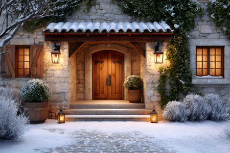 Rustic stone house doorway illuminating a snowy winter evening sceneの素材