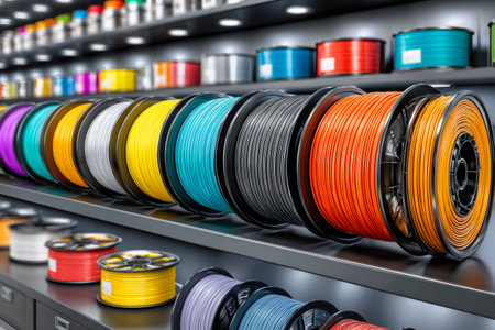 Rows of various colored plastic filaments on spools, representing innovation and creativityの素材