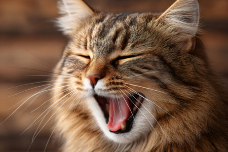 Domestic feline pet opening mouth wide, showing tongue and teethの素材