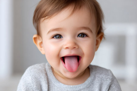 Adorable happy toddler expressing joy and playfulness with a tongue out gestureの素材