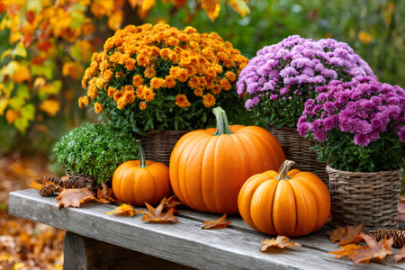 Pumpkins, chrysanthemums, and fall leaves adorn a rustic wooden benchの素材