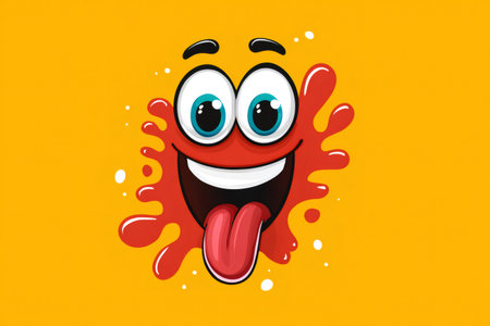 Cartoon monster face joyfully splashing and sticking out tongue on orange backgroundの素材