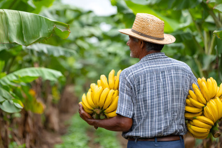 Farmer carrying fresh ripe banana bunches through a tropical fruit plantationの素材