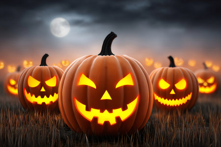 Jack o' lanterns with spooky faces illuminating a dry grass field under a full moonの素材