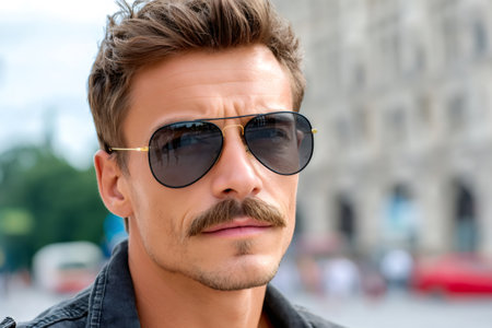 Confident man with mustache and sunglasses reflecting urban street lifeの素材