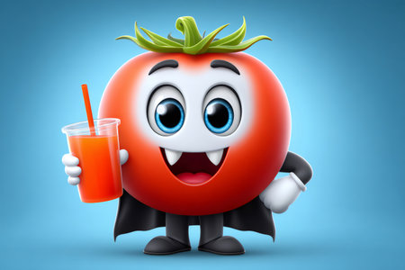 Cute tomato character dressed as a vampire holding a cup of juiceの素材