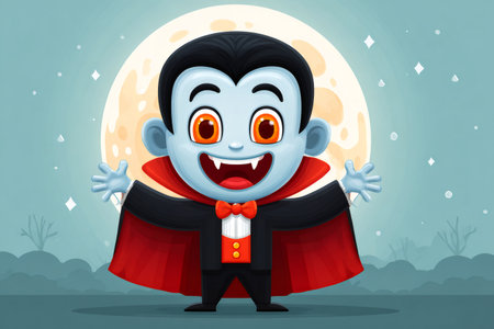 Cartoon boy dressed as a vampire, smiling against a full moon while trick or treatingの素材