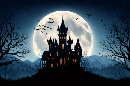 Halloween haunted castle standing on a hill with bats flying under the full moonの素材