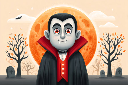 Cartoon vampire character smiling in a spooky Halloween cemetery with an autumn full moonの素材