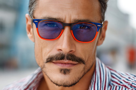 Confident man with a mustache wearing fashionable sunglasses, reflecting a street environmentの素材