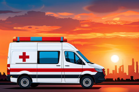 Ambulance vehicle driving with a city skyline glowing under orange sunset skyの素材