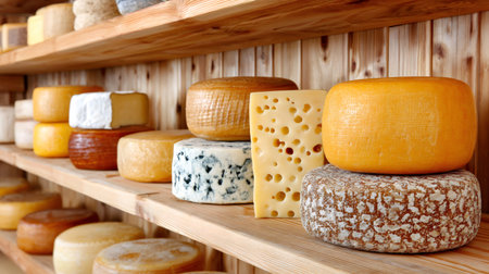 Dairy products display with various types of cheese rounds and blocks on rustic woodの素材
