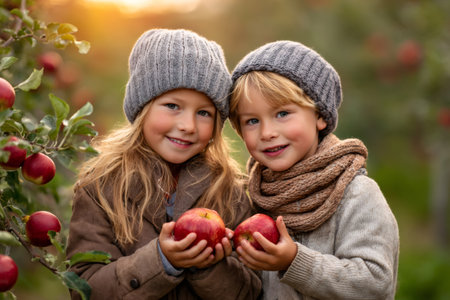 Smiling brother and sister holding fresh apples picked from the orchardの素材