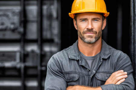 Male construction worker wearing a safety hard hat and reflecting confidenceの素材