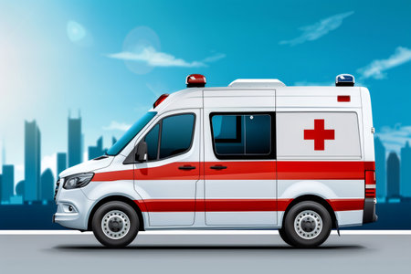 Ambulance vehicle parked on a street with a city blur in the backgroundの素材