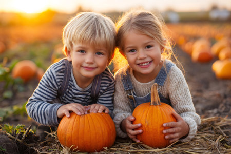 Smiling children enjoying harvest season while picking pumpkins in a rural fieldの素材