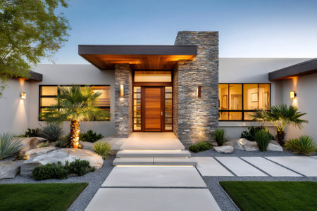 Modern house with stone, wood, and concrete featuring contemporary landscaping and warm lightingの素材