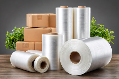 Rolls of stretch film with cardboard boxes and green plants on wooden tableの素材