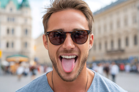 Man with sunglasses sticking tongue out, expressing happiness and playfulness on a city streetの素材