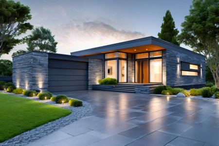 Contemporary suburban house featuring stone cladding, large windows, and an illuminated garden at duskの素材