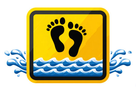 Footprints on a yellow square warning icon with blue waves and splashesの素材