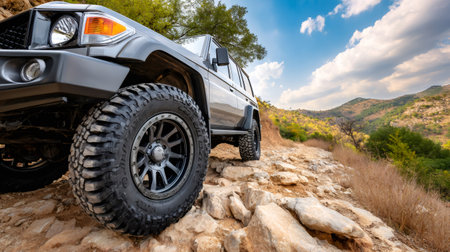 All terrain vehicle navigating a challenging rocky trail in the mountains under a blue skyの素材