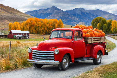 Red pickup truck loaded with pumpkins driving on a rural road during fall seasonの素材