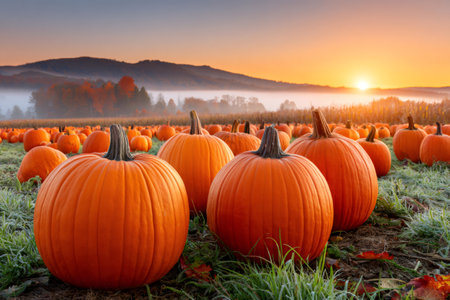 Pumpkins filling a fall field with morning fog and vibrant sunrise lightの素材