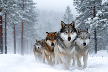 Wolf pack traveling together through a snowy winter landscape, showing teamworkの素材