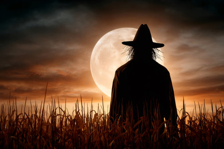 Scarecrow figure standing in a cornfield against a full moon on a spooky nightの素材
