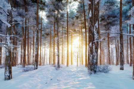 Golden sunbeams breaking through snow covered forest illuminating a serene winter landscapeの素材