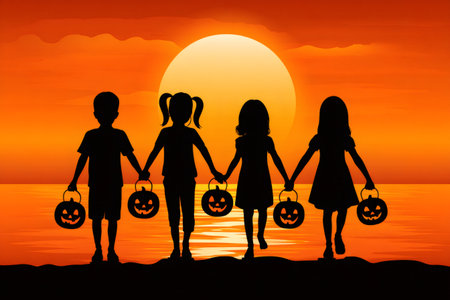 Four children silhouettes holding pumpkin pails and walking on Halloween at sunsetの素材