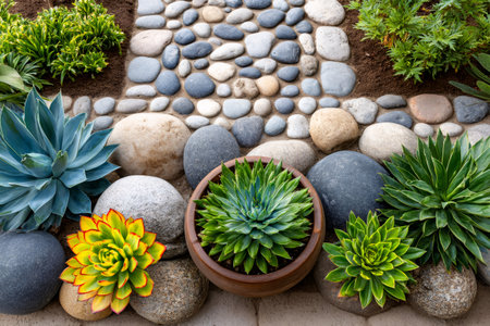 Landscaping dry garden featuring various succulents and decorative river rocks creating a pathwayの素材