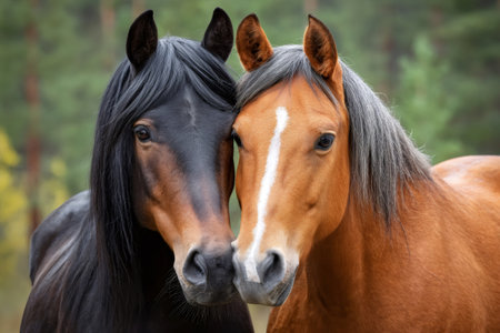 Two horses standing close, showing connection and affection outdoorsの素材