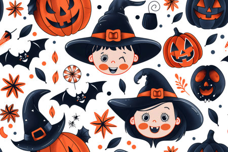Cute halloween pattern featuring cartoon children dressed as witches and jack o' lanternsの素材