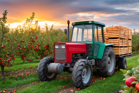Tractor transporting wooden crates of apples through an orchard during harvest seasonの素材