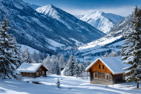 Two charming wooden cabins covered in snow against a vast winter mountain landscapeの素材