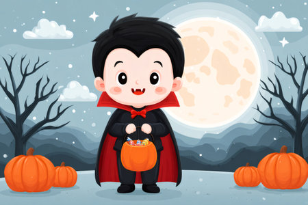 Child dressed as vampire holding pumpkin basket filled with candy under a full moonの素材
