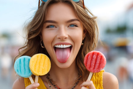 Happy girl holding three frozen desserts, sticking tongue out, feeling joyfulの素材