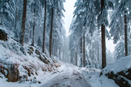 Snow covering a peaceful forest path among towering pine trees in a cold winter landscapeの素材