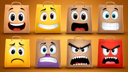 Paper shopping bags displaying various cartoon facial expressions and emotionsの素材