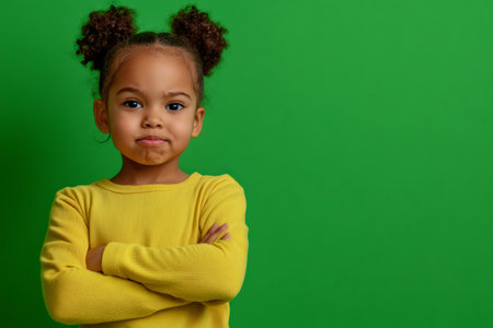 Young african american girl with serious expression posing with arms crossed on green backgroundの素材
