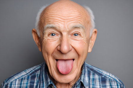 Senior man making a funny face, sticking his tongue out with a happy expressionの素材
