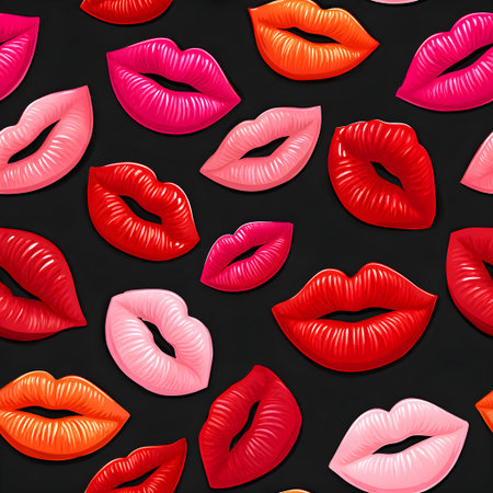 Red, pink, and orange kissing lips creating a repeating pop art style backgroundの素材