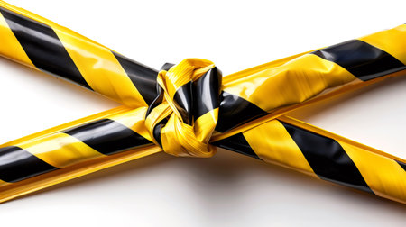 Yellow and black striped warning tape tied with a knot on a white backgroundの素材