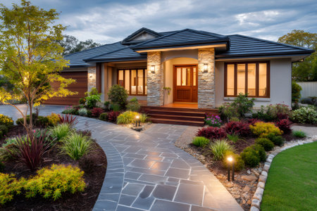 House exterior with inviting door, stone facade, and garden lights illuminating a curved pathの素材