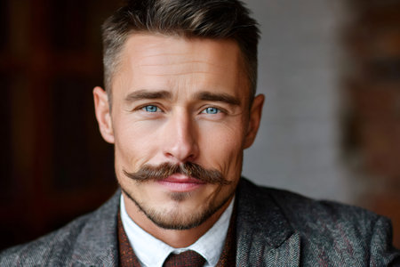 Man with blue eyes and well-groomed mustache posing in a classic tweed jacketの素材