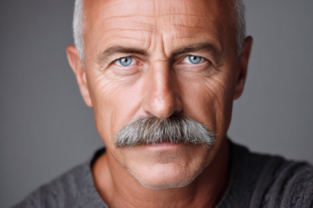 Mature man with gray hair and mustache looking directly at the viewerの素材