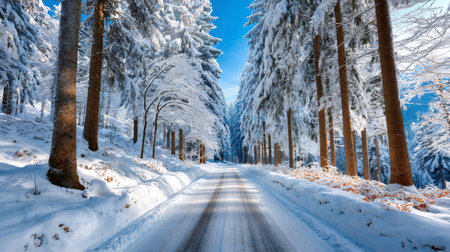Snow covered road winding through a quiet winter forest under a clear blue skyの素材