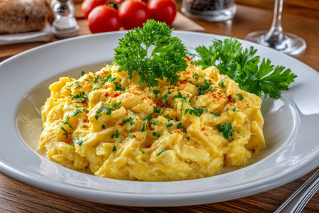 Scrambled eggs served on a white plate, garnished with fresh parsley and red paprikaの素材